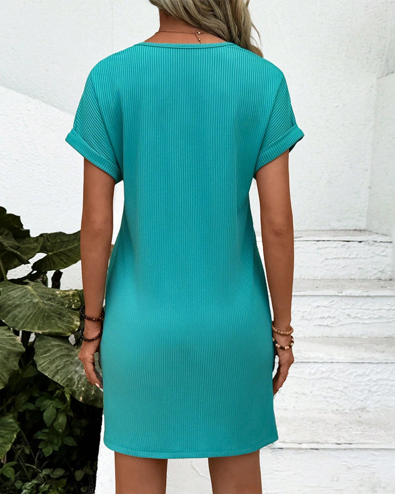 EP | Robe col V Couleur solide Trois boutons Manches courtes