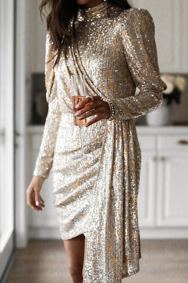EP | Casual solides paillettes col roulé robes jupe crayon