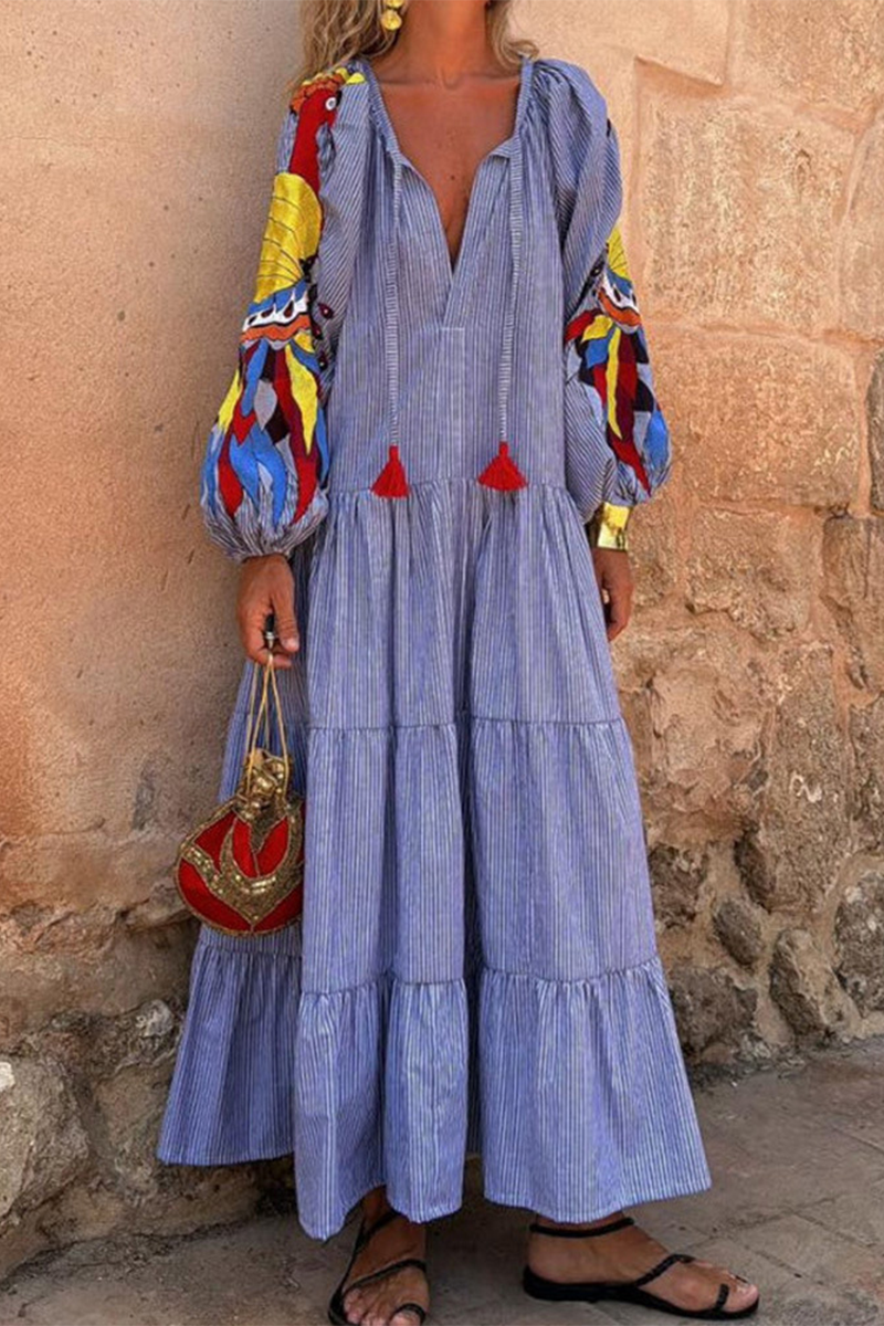 EP | Elégant rayé Imprimé Franges Trimés Patchwork Ruffles V cou A Ligne Robes