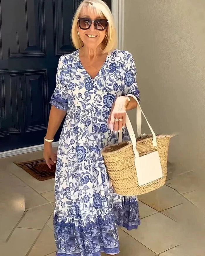 EP | Robe longue légère à l'imprimé estival et aux manches courtes au style raffiné