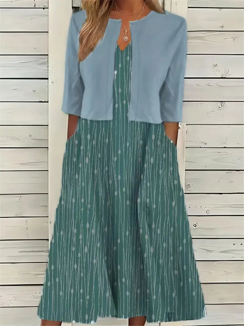 EP | ensemble élégant de robe à fleurs deux pièces avec crop top uni et robe à col rond