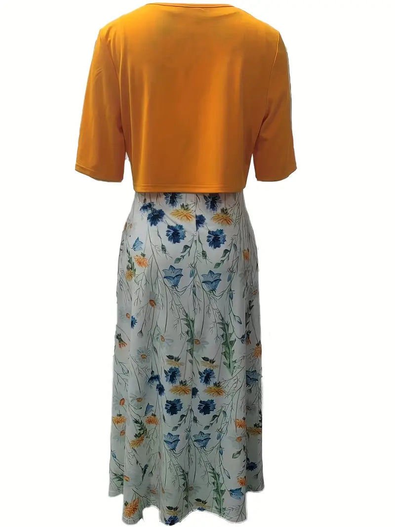 EP | ensemble élégant de robe à fleurs deux pièces avec crop top uni et robe à col rond
