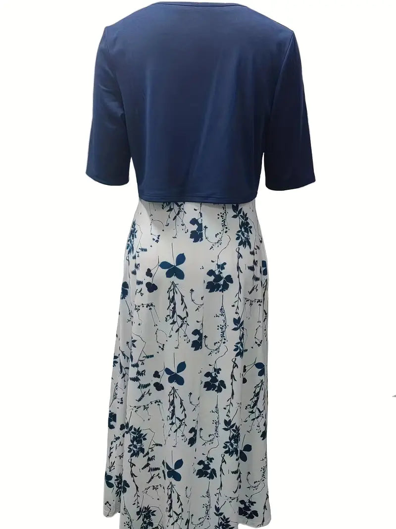EP | ensemble élégant de robe à fleurs deux pièces avec crop top uni et robe à col rond