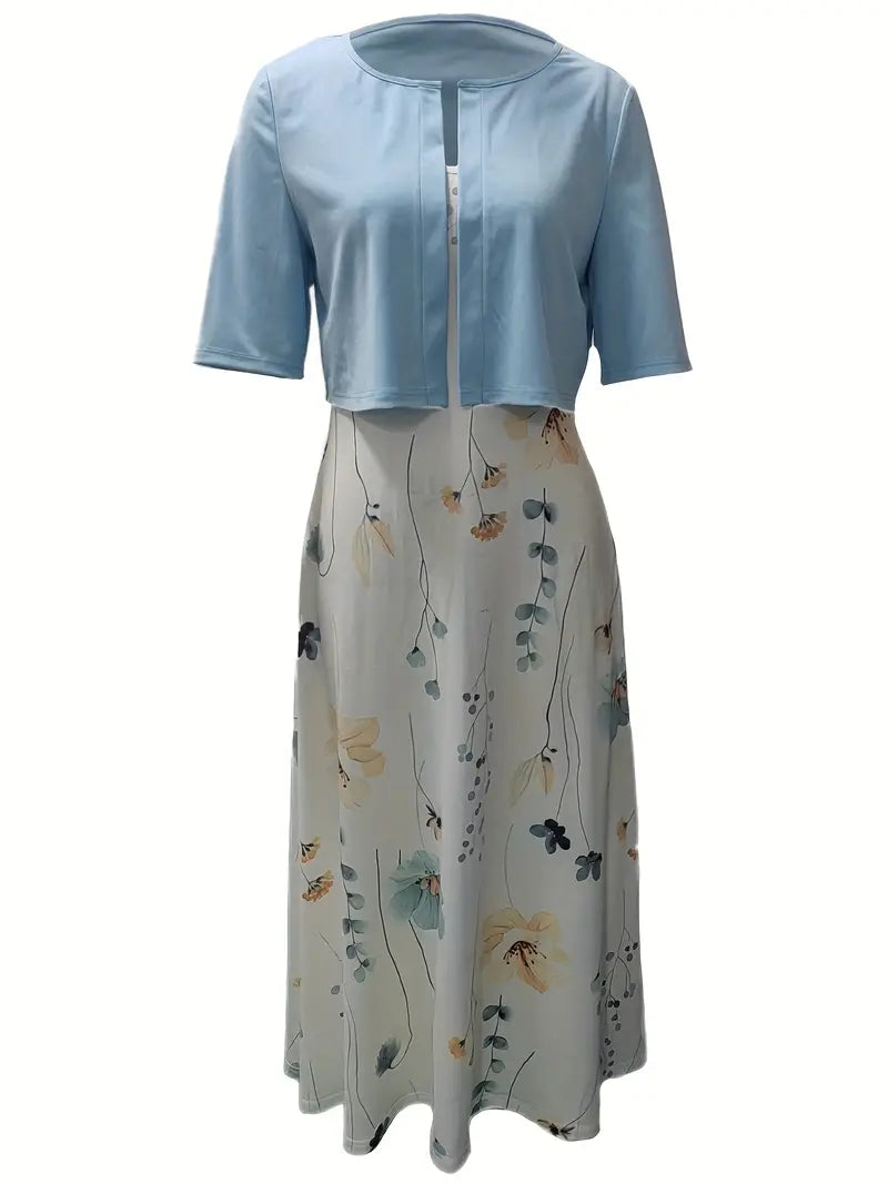 EP | ensemble élégant de robe à fleurs deux pièces avec crop top uni et robe à col rond