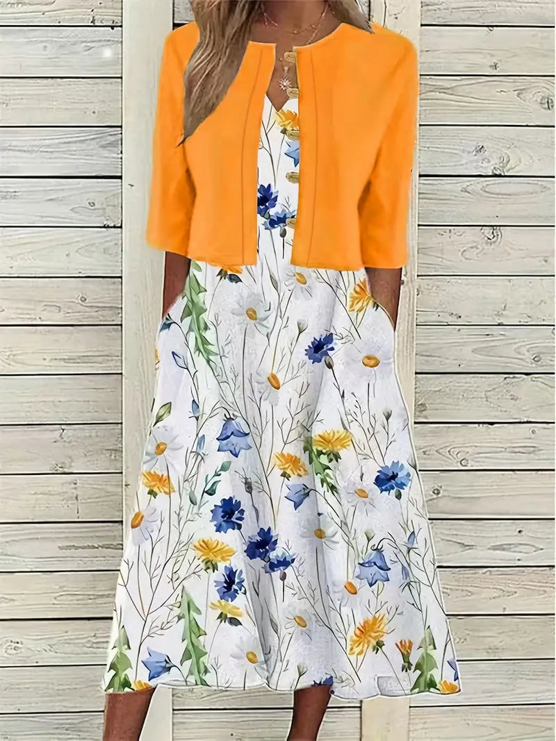EP | ensemble élégant de robe à fleurs deux pièces avec crop top uni et robe à col rond