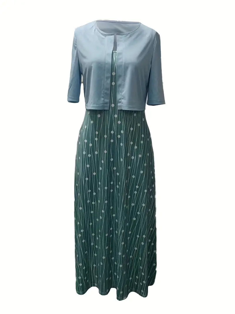 EP | ensemble élégant de robe à fleurs deux pièces avec crop top uni et robe à col rond