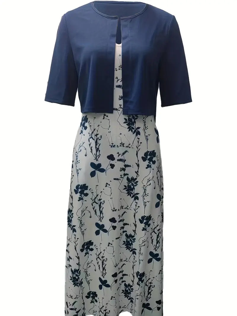 EP | ensemble élégant de robe à fleurs deux pièces avec crop top uni et robe à col rond