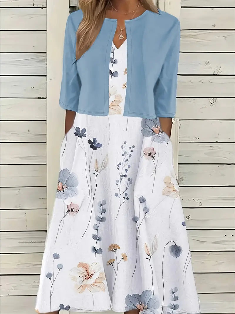 EP | ensemble élégant de robe à fleurs deux pièces avec crop top uni et robe à col rond