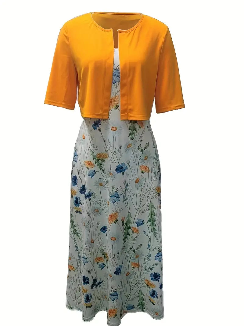 EP | ensemble élégant de robe à fleurs deux pièces avec crop top uni et robe à col rond