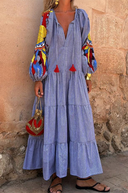 EP | Elégant rayé Imprimé Franges Trimés Patchwork Ruffles V cou A Ligne Robes