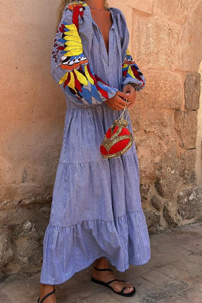 EP | Elégant rayé Imprimé Franges Trimés Patchwork Ruffles V cou A Ligne Robes