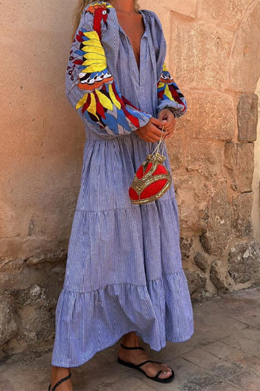 EP | Elégant rayé Imprimé Franges Trimés Patchwork Ruffles V cou A Ligne Robes