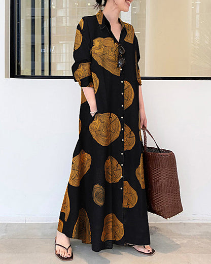 EP | Robe à manches longues en lin et blocs de couleur Imprimé Contrasté Lâches Grande Taille Robes Maxi