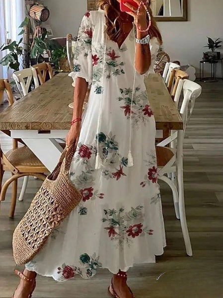 EP | Robes pour femmes Robe longue avec imprimé barbe, manches mi-longues et décolleté en V
