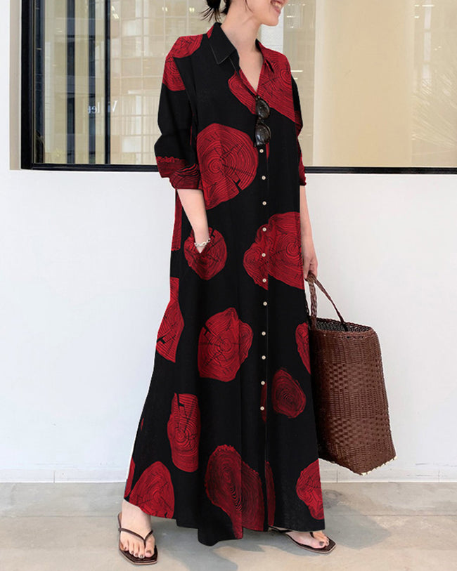 EP | Robe à manches longues en lin et blocs de couleur Imprimé Contrasté Lâches Grande Taille Robes Maxi