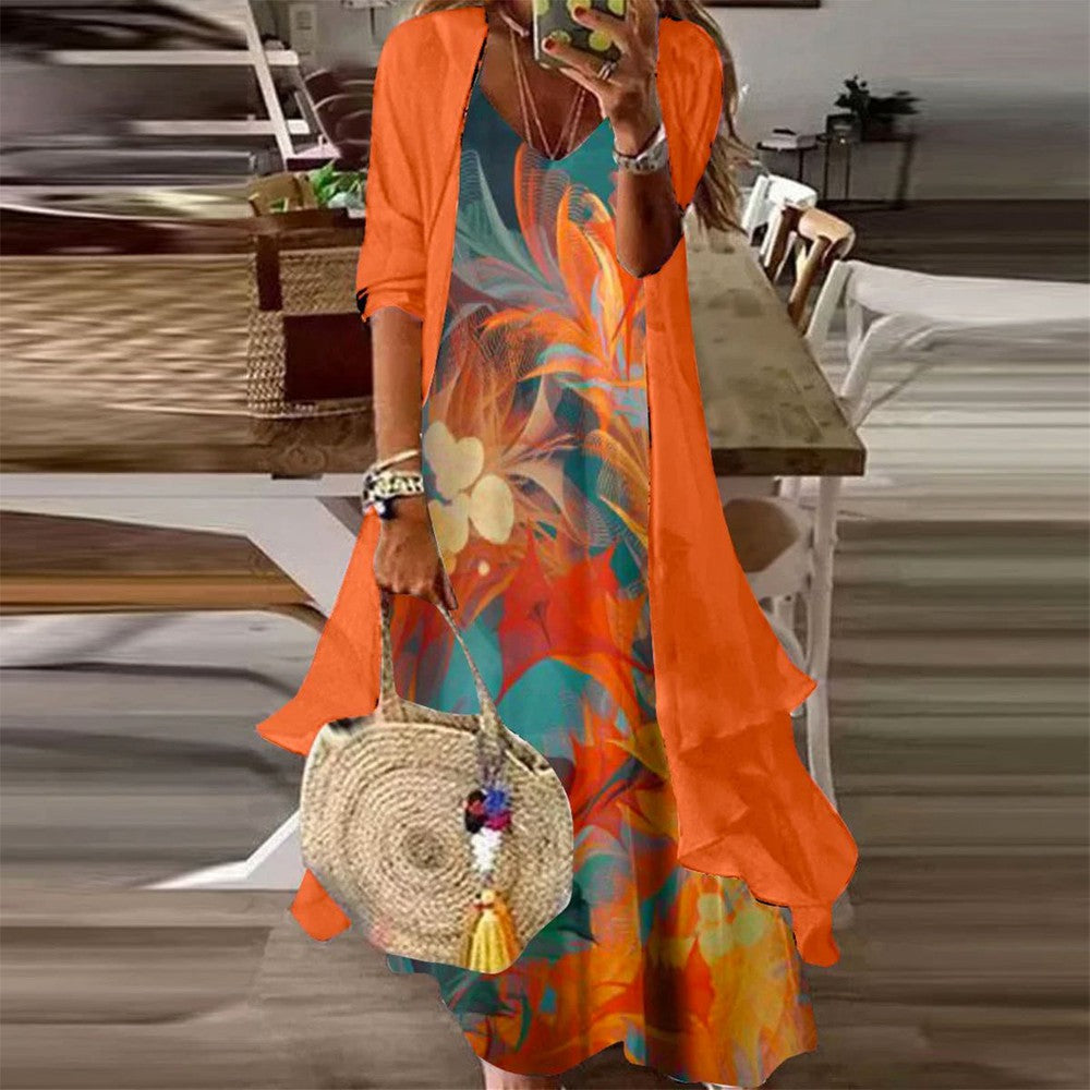 EP | Orange Print Maxi robe avec veste
