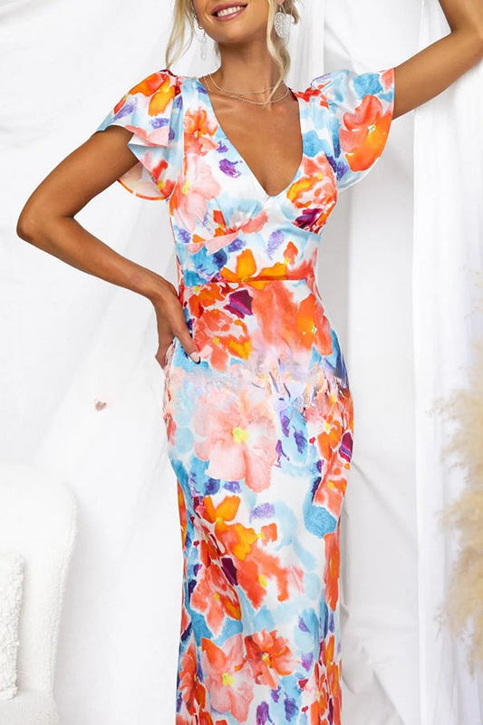 EP | Robe longue à imprimé floral et manches courtes idéale pour les sorties et les journées élégantes