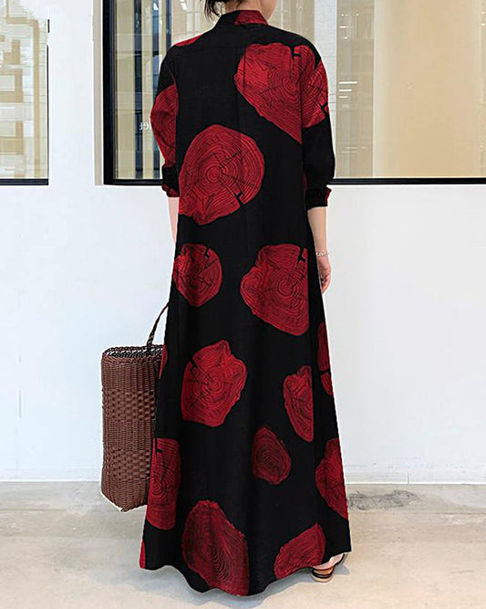 EP | Robe à manches longues en lin et blocs de couleur Imprimé Contrasté Lâches Grande Taille Robes Maxi