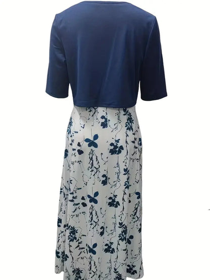 EP | ensemble élégant de robe à fleurs deux pièces avec crop top uni et robe à col rond