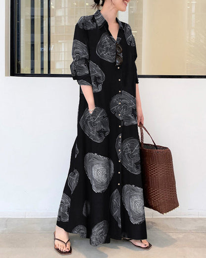 EP | Robe à manches longues en lin et blocs de couleur Imprimé Contrasté Lâches Grande Taille Robes Maxi