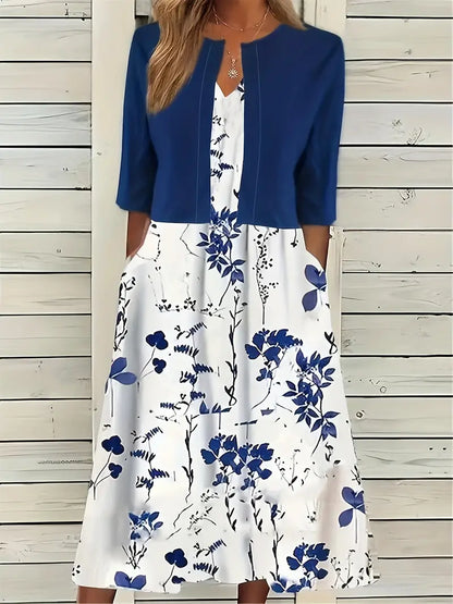 EP | ensemble élégant de robe à fleurs deux pièces avec crop top uni et robe à col rond