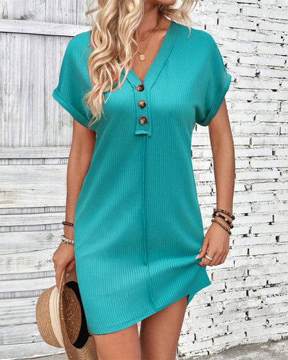 EP | Robe col V Couleur solide Trois boutons Manches courtes