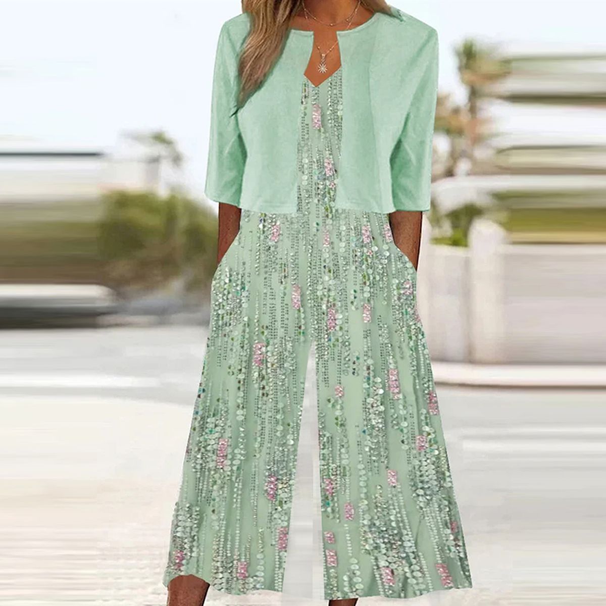 EP | Jumpsuit vert jeune col en V avec veste