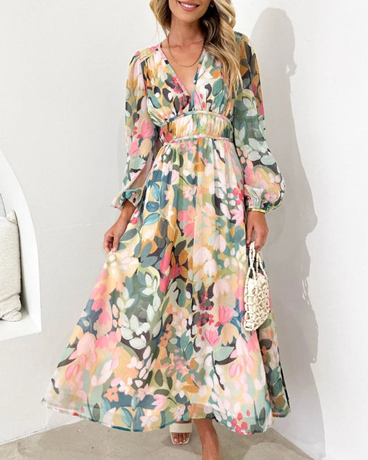 EP | Robe longue élégante à imprimé floral et manches bouffantes