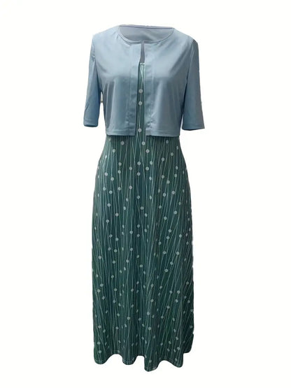 EP | ensemble élégant de robe à fleurs deux pièces avec crop top uni et robe à col rond