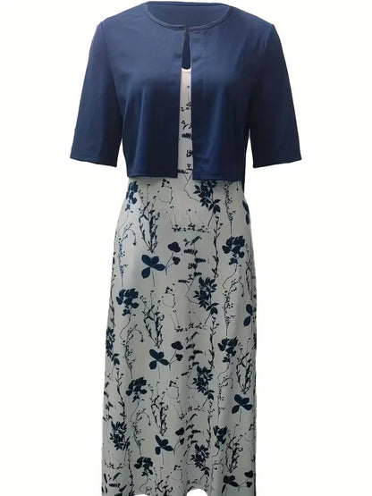 EP | ensemble élégant de robe à fleurs deux pièces avec crop top uni et robe à col rond