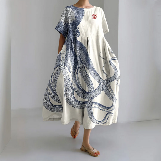 EP | Maxi-robe décontractée avec imprimé japonais pieuvre et crabe