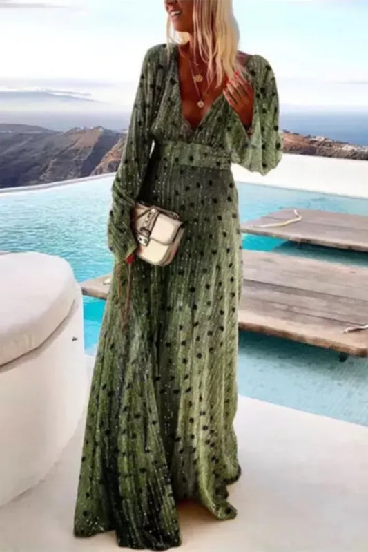 EP | Elégant Imprimé Profond Décolleté V Mode Brillant Manches Longues Maxi Robe