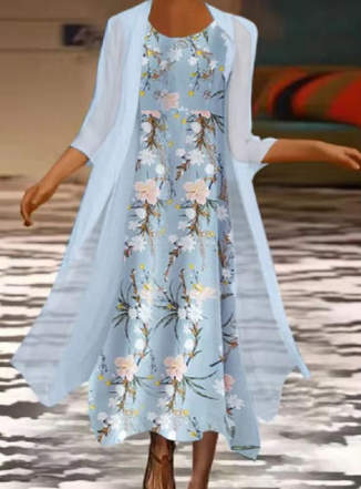 EP | Maxi-robe décontractée deux pièces avec col rond et imprimé floral bleu clair