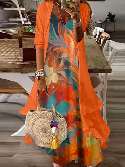 EP | Orange Print Maxi robe avec veste