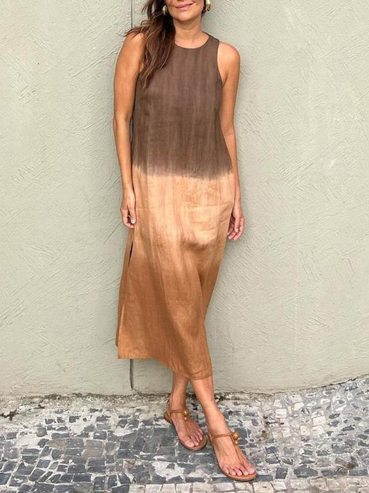 EP | Robe longue décontractée sans manches en coton et lin avec fente tie-dye dégradée pour femmes